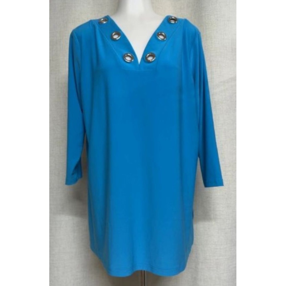 Sympli sz 18 Blue Tunic Blouse Shirt Pullover Grommet V-Neck Top Slinky